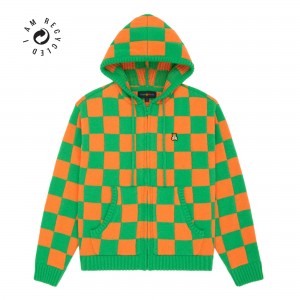 Green/Orange Teddy Fresh Check Knit Zip Hoodie | ZPGSQO497