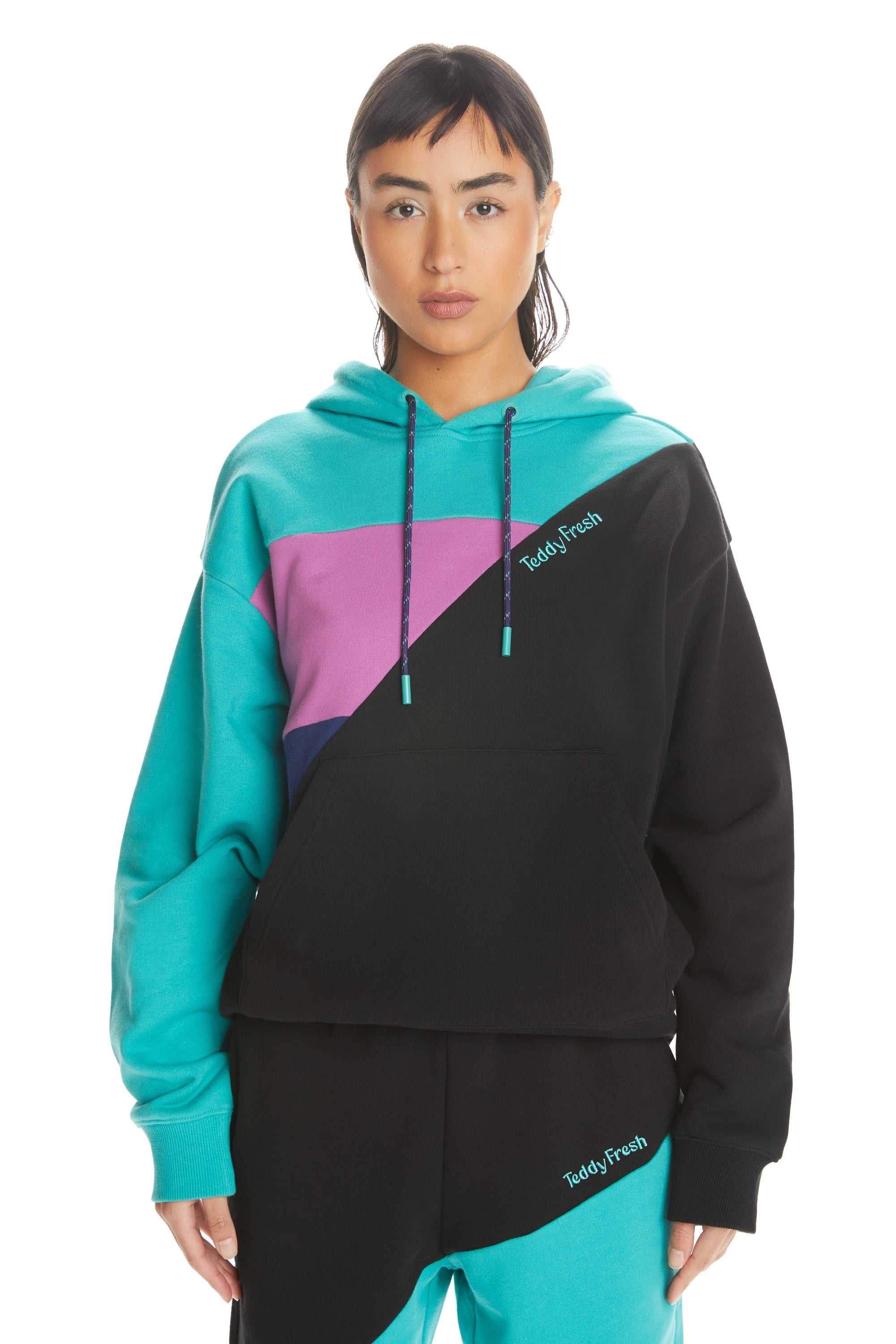 Black Teddy Fresh Asymmetric Color Block Hoodie | LBYDEZ670