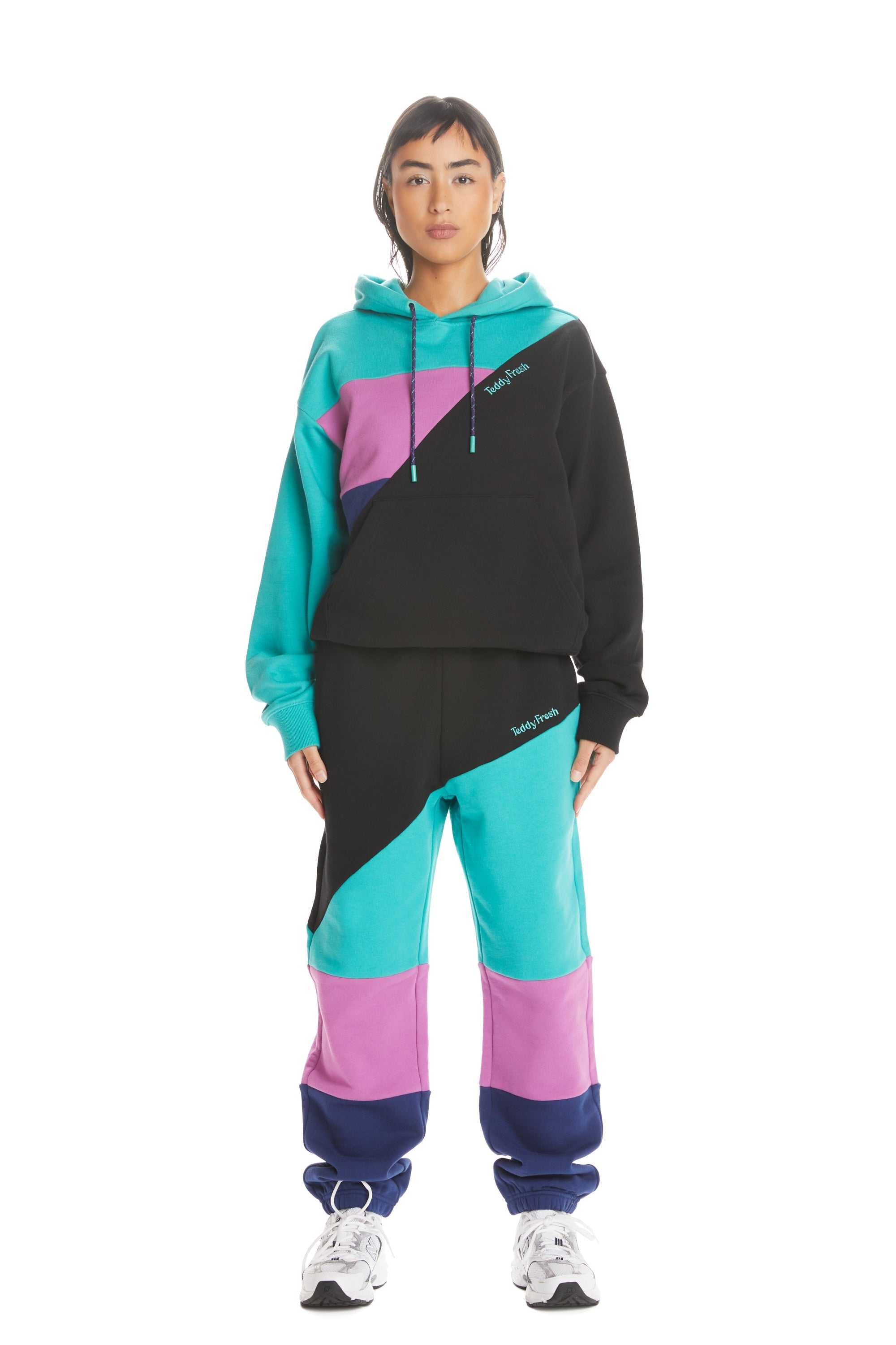 Black Teddy Fresh Asymmetric Color Block Hoodie | LBYDEZ670