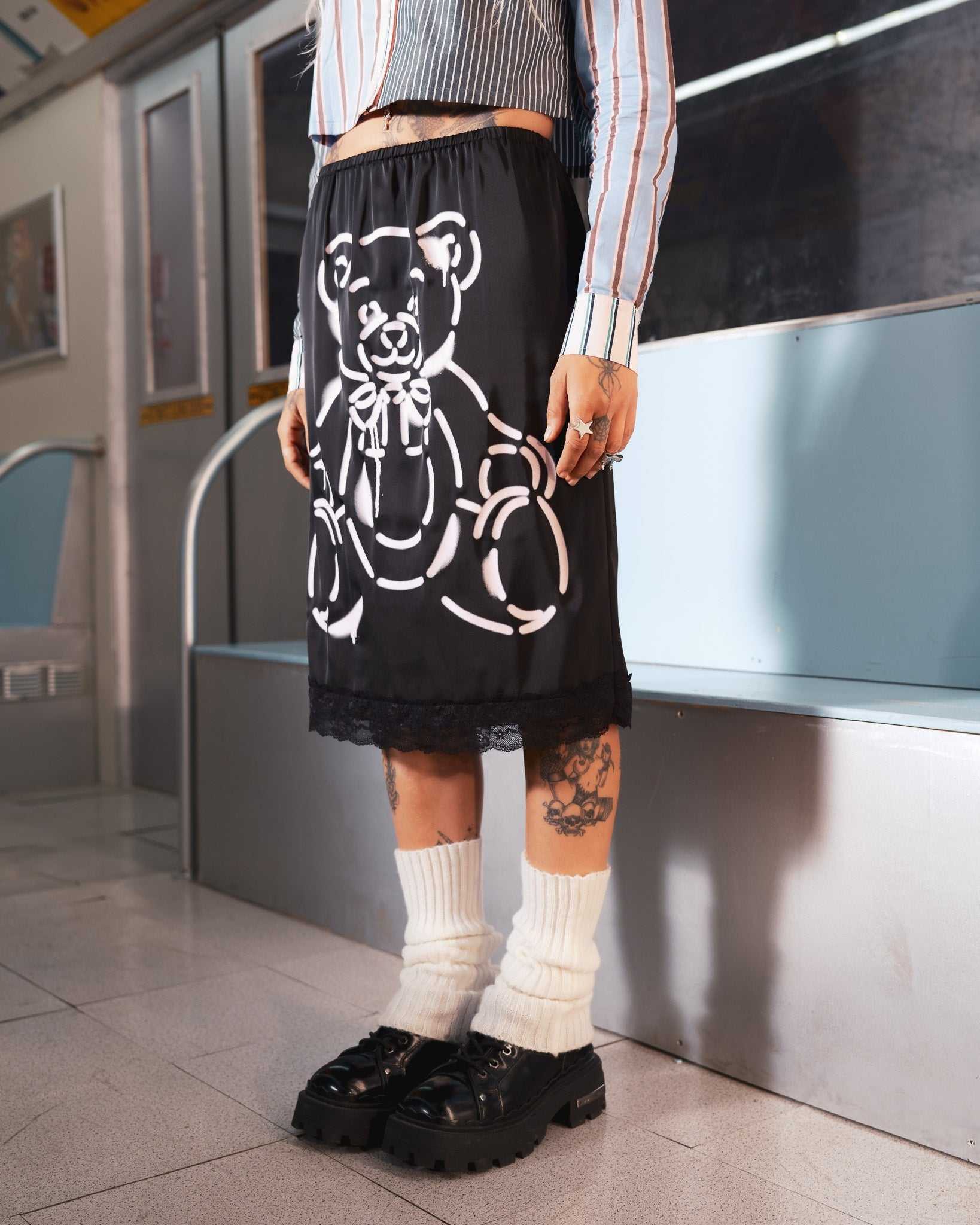 Black Teddy Fresh Bear Lace Satin Skirt | SJDQUW793