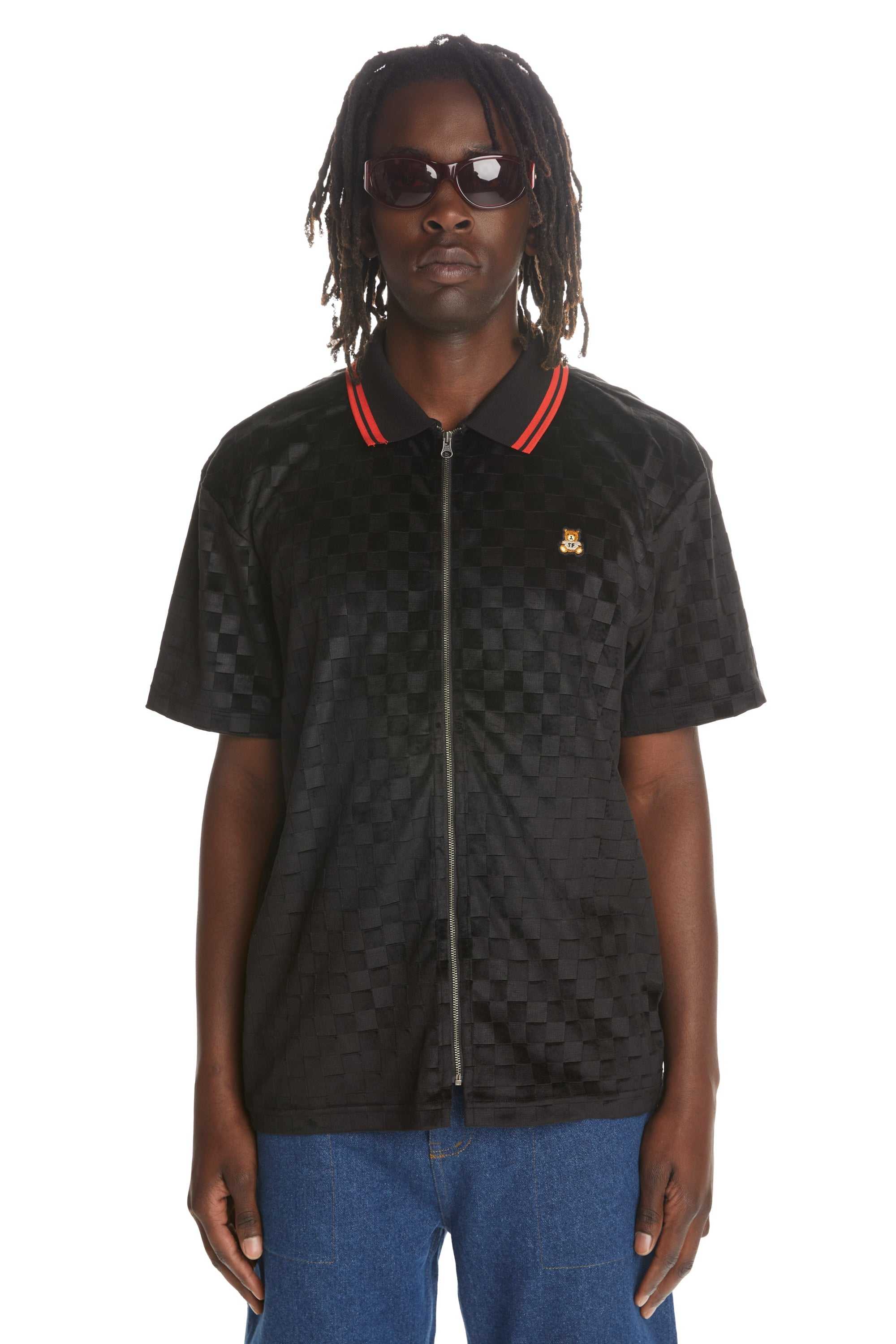 Black Teddy Fresh Embossed Checker Velour Zip Shirt | LJFRWB981