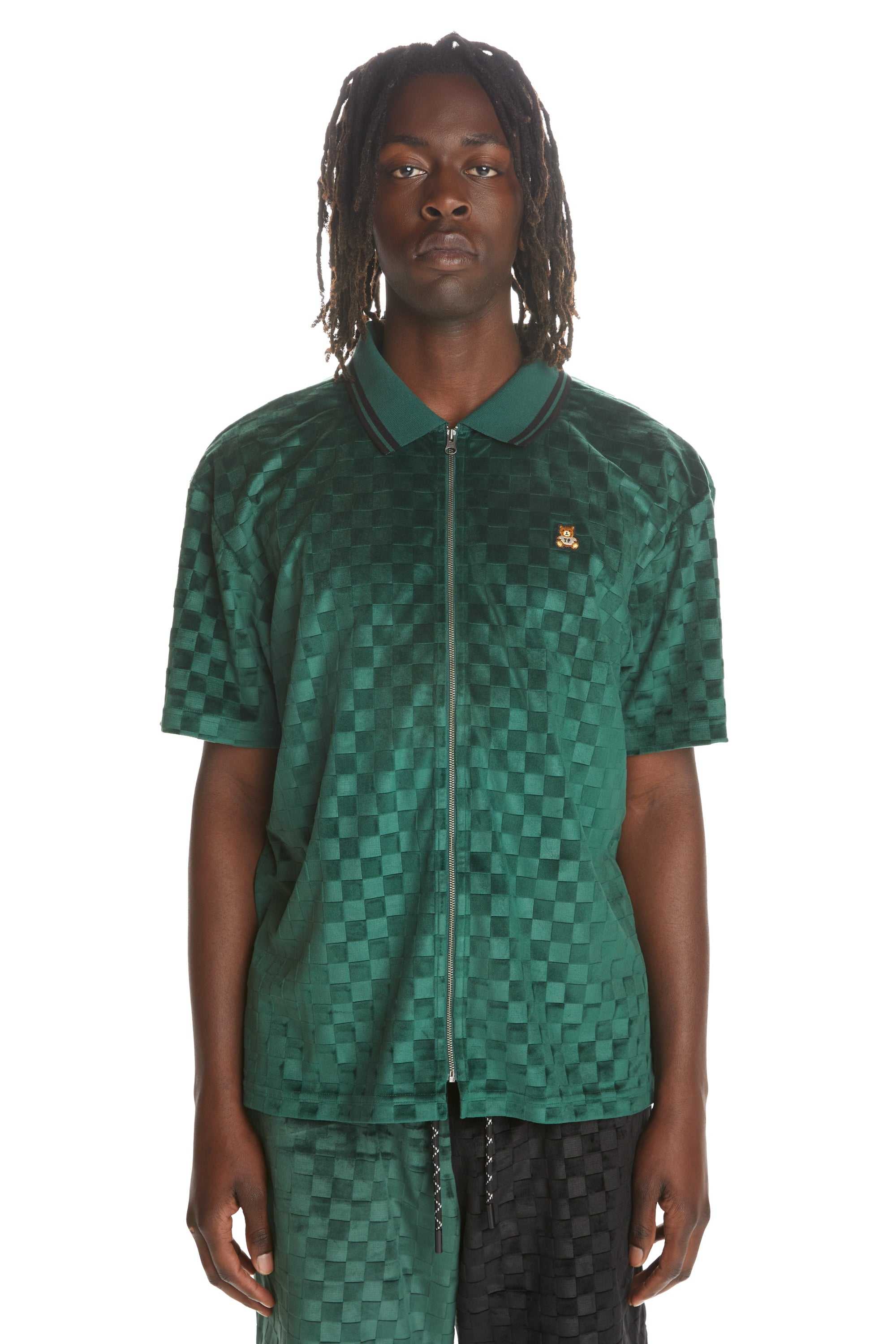 Black Teddy Fresh Embossed Checker Velour Zip Shirt | LJFRWB981