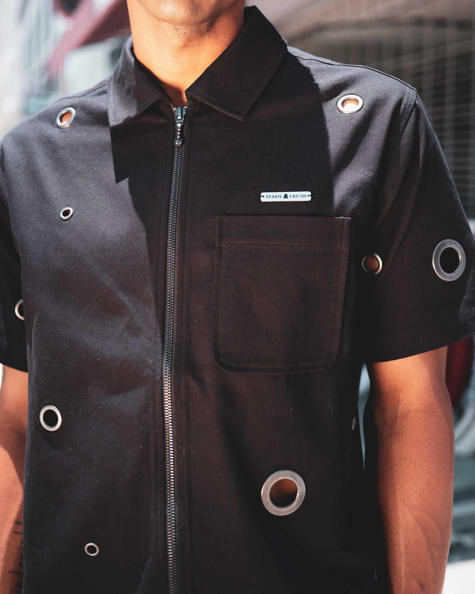 Black Teddy Fresh Eyelet Zip Shirt | PQFYJO196