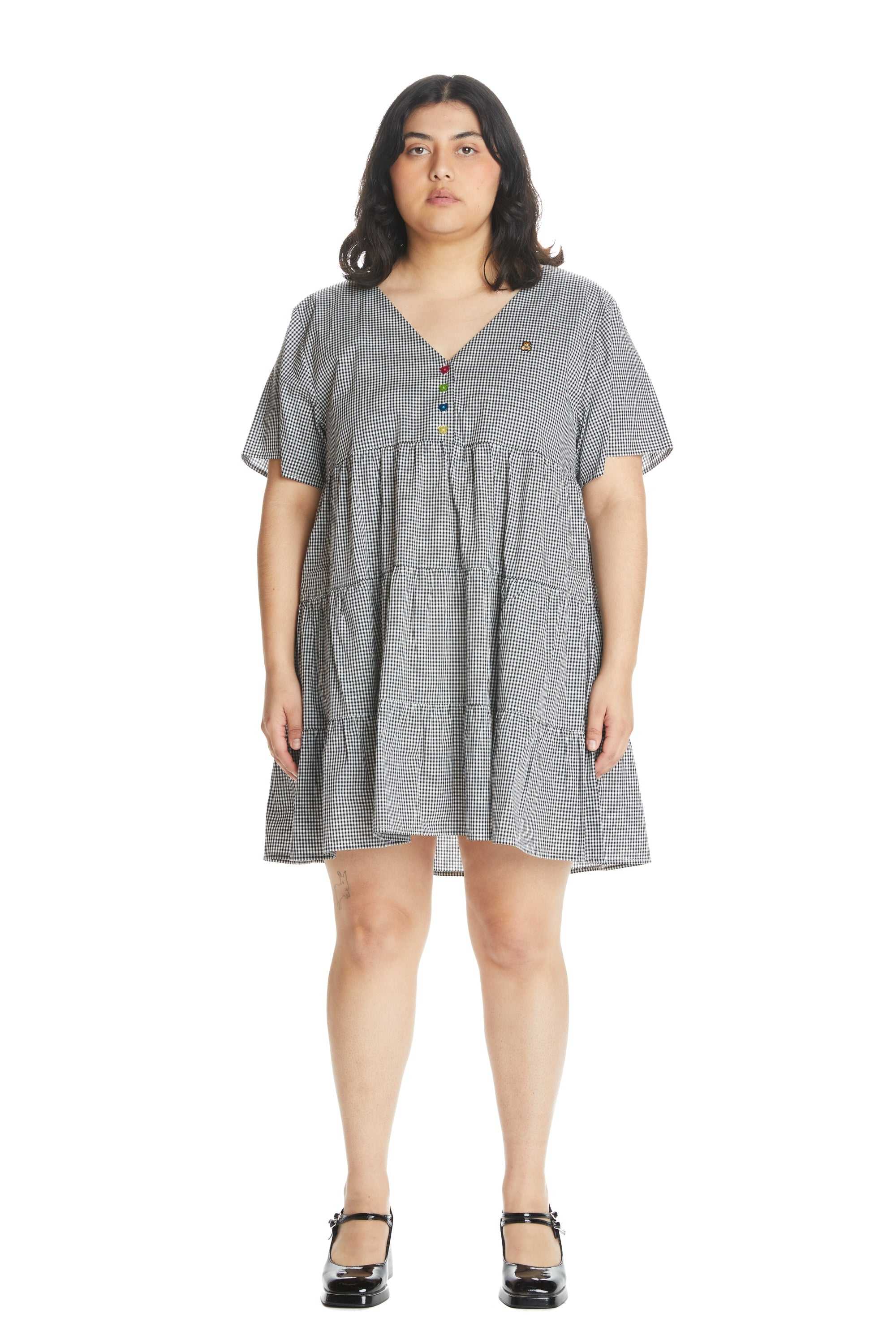 Black Teddy Fresh Gingham Button Dress | SHZROM852