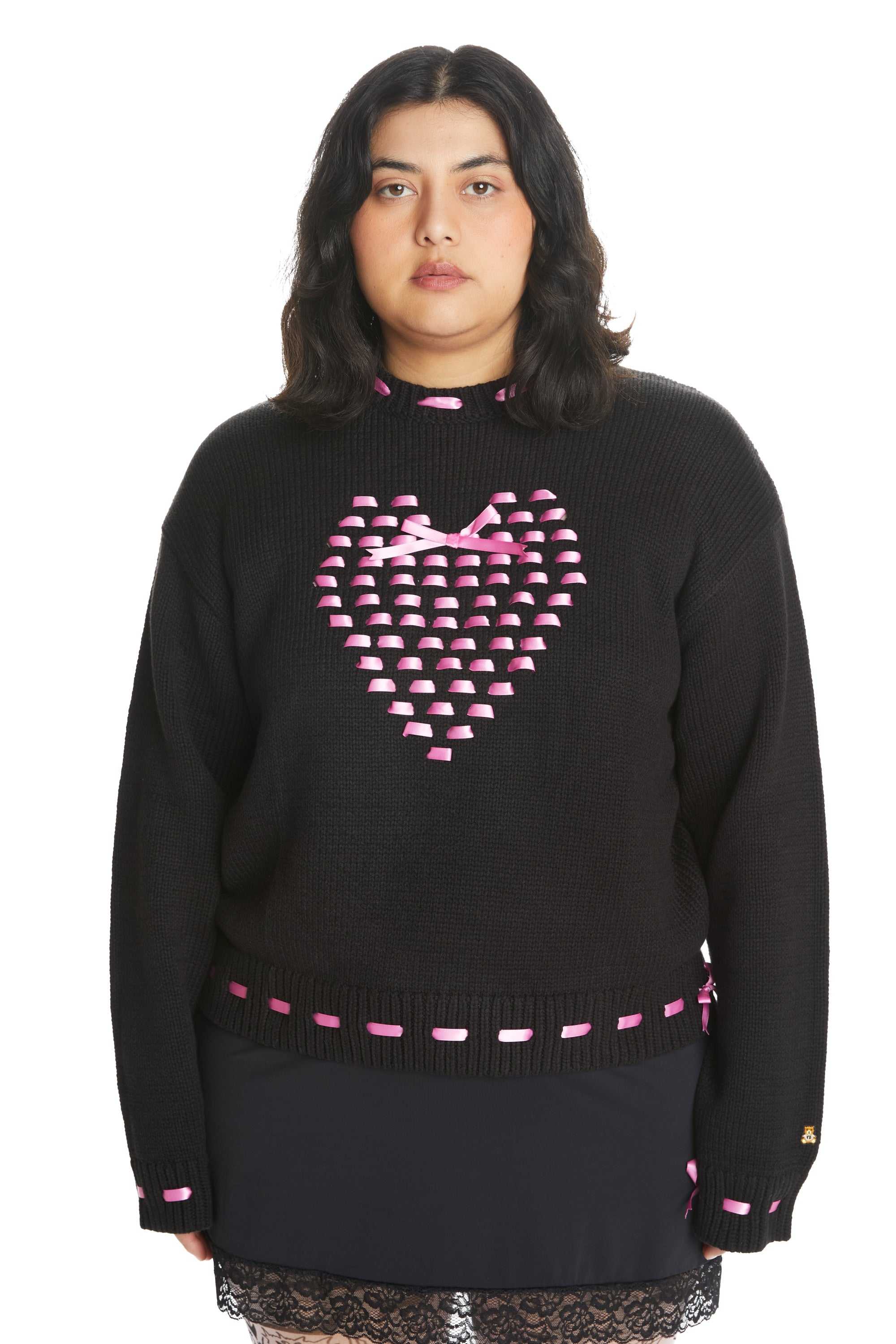 Black Teddy Fresh I Heart U Ribbon Weave Sweater | OHNSLA134