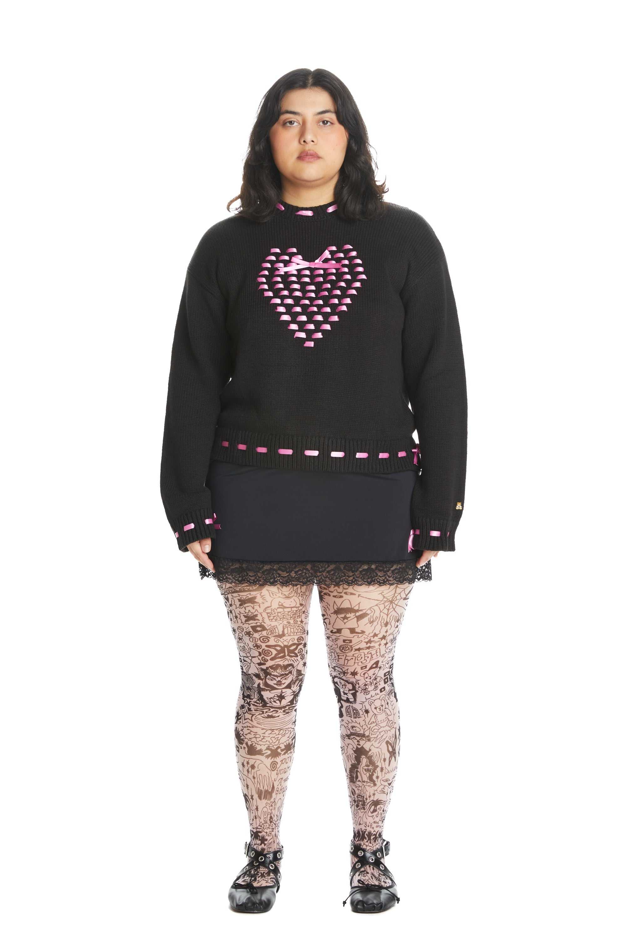 Black Teddy Fresh I Heart U Ribbon Weave Sweater | OHNSLA134