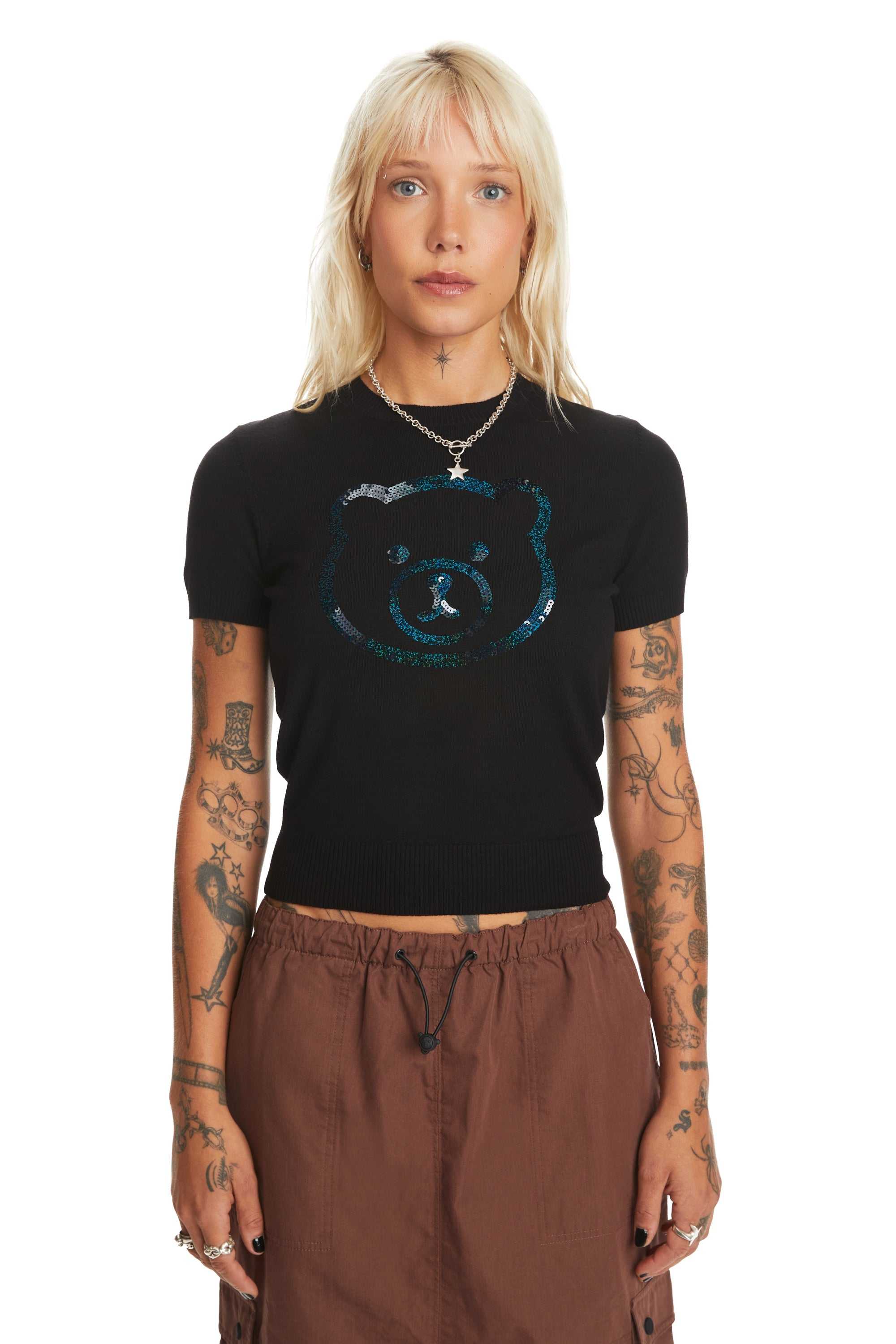 Black Teddy Fresh Sequin Bear Top | DLERUW568