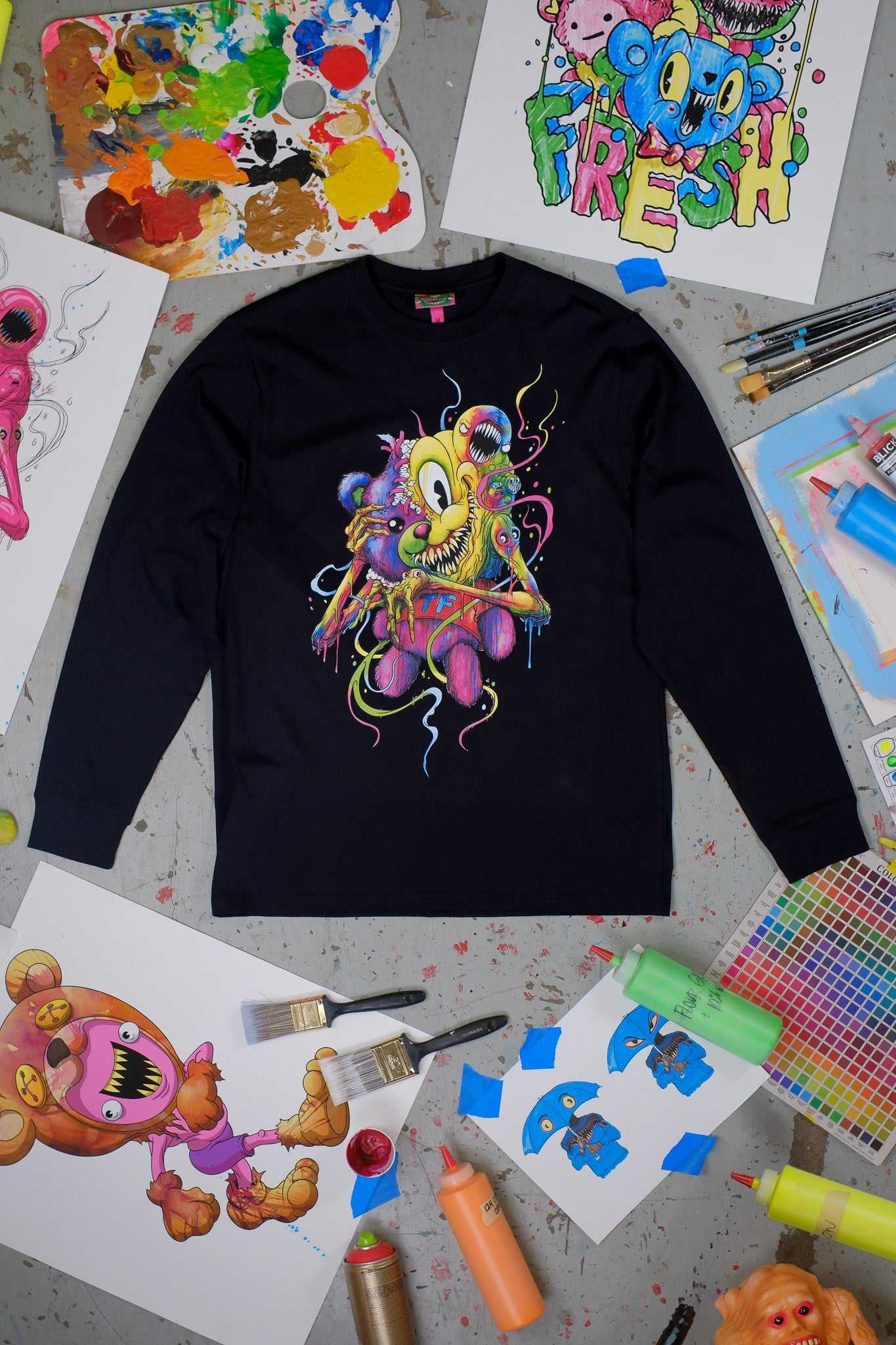 Black Teddy Fresh TF x Alex Pardee Monster Bear Tee | CFIQNW057