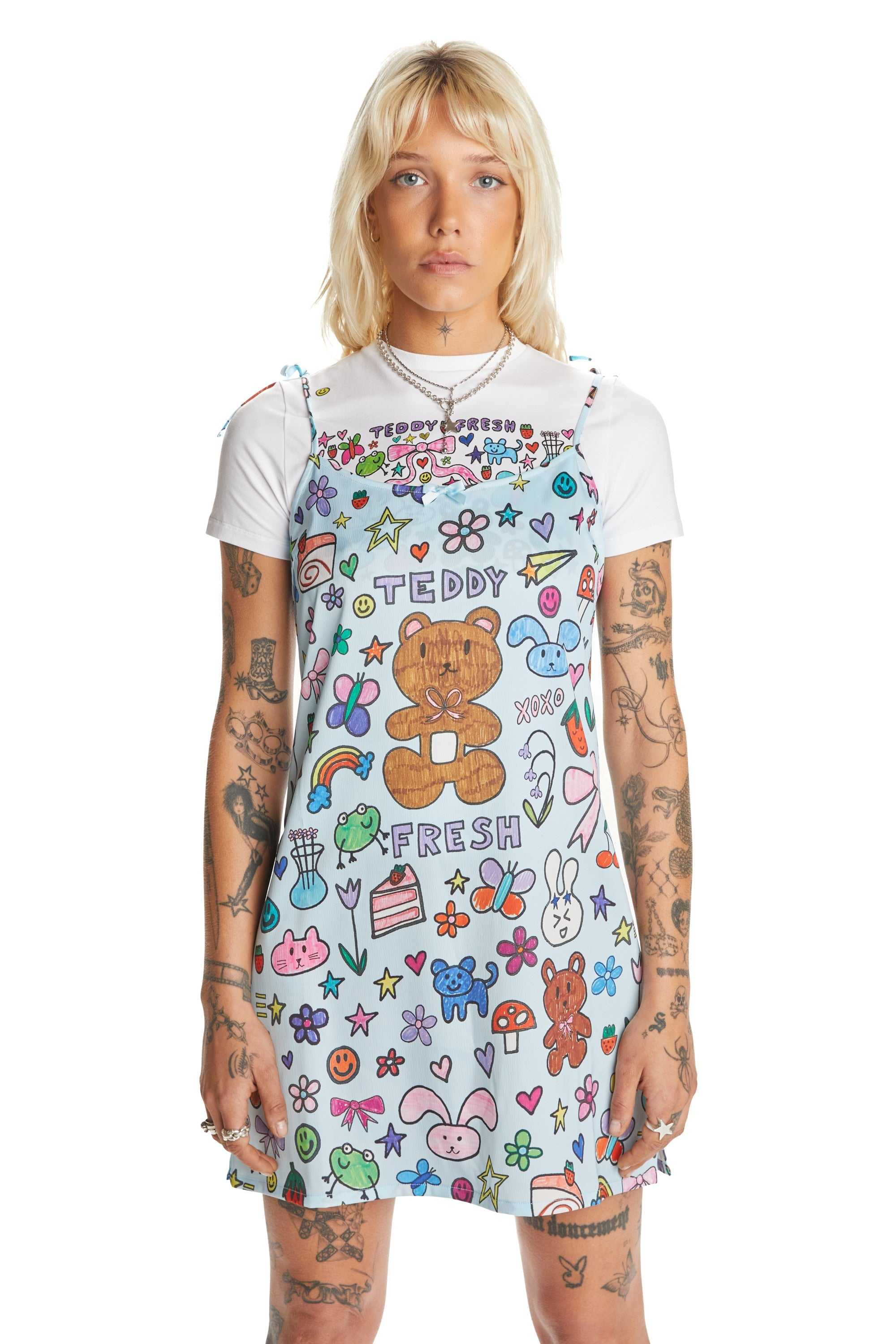 Blue Teddy Fresh TF x Blo_oberry Sketchbook Satin Dress | SEYXBM986