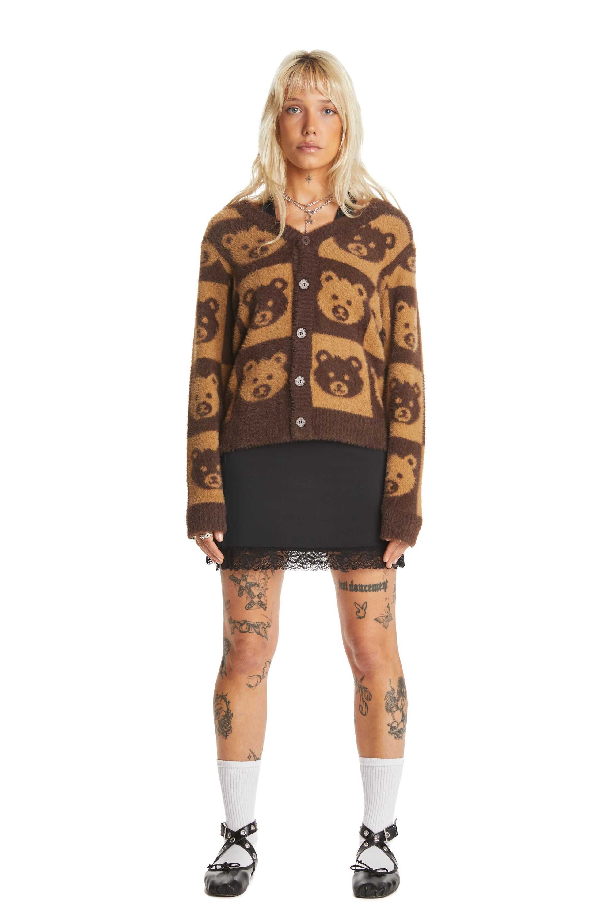 Brown Teddy Fresh Checkered Bear Cardigan | YWRCKT029