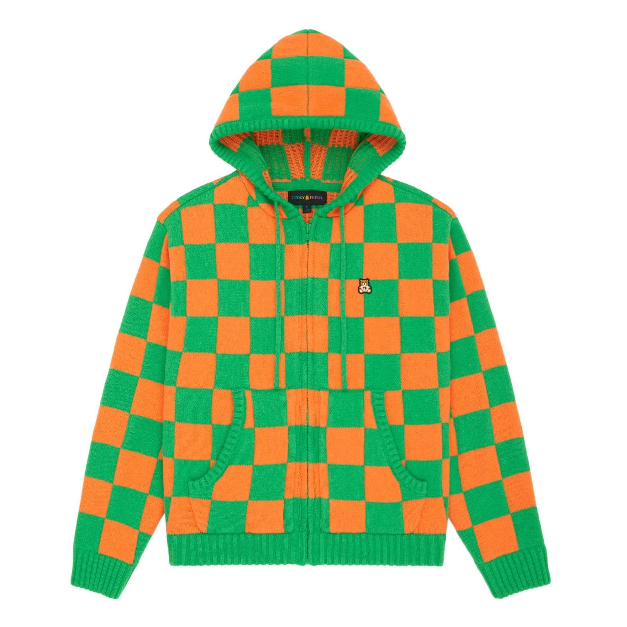 Green/Orange Teddy Fresh Check Knit Zip Hoodie | ZPGSQO497