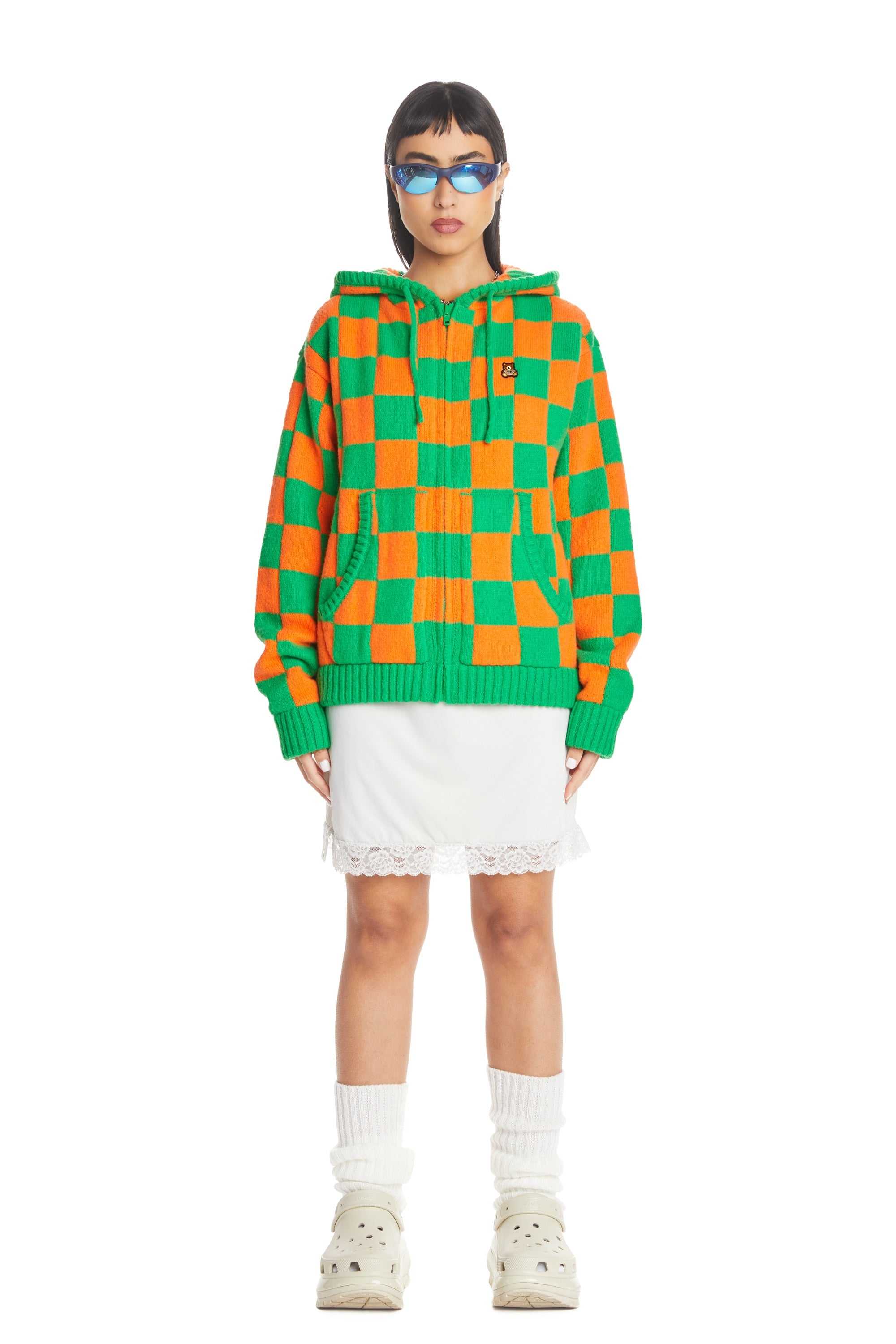 Green/Orange Teddy Fresh Check Knit Zip Hoodie | ZPGSQO497