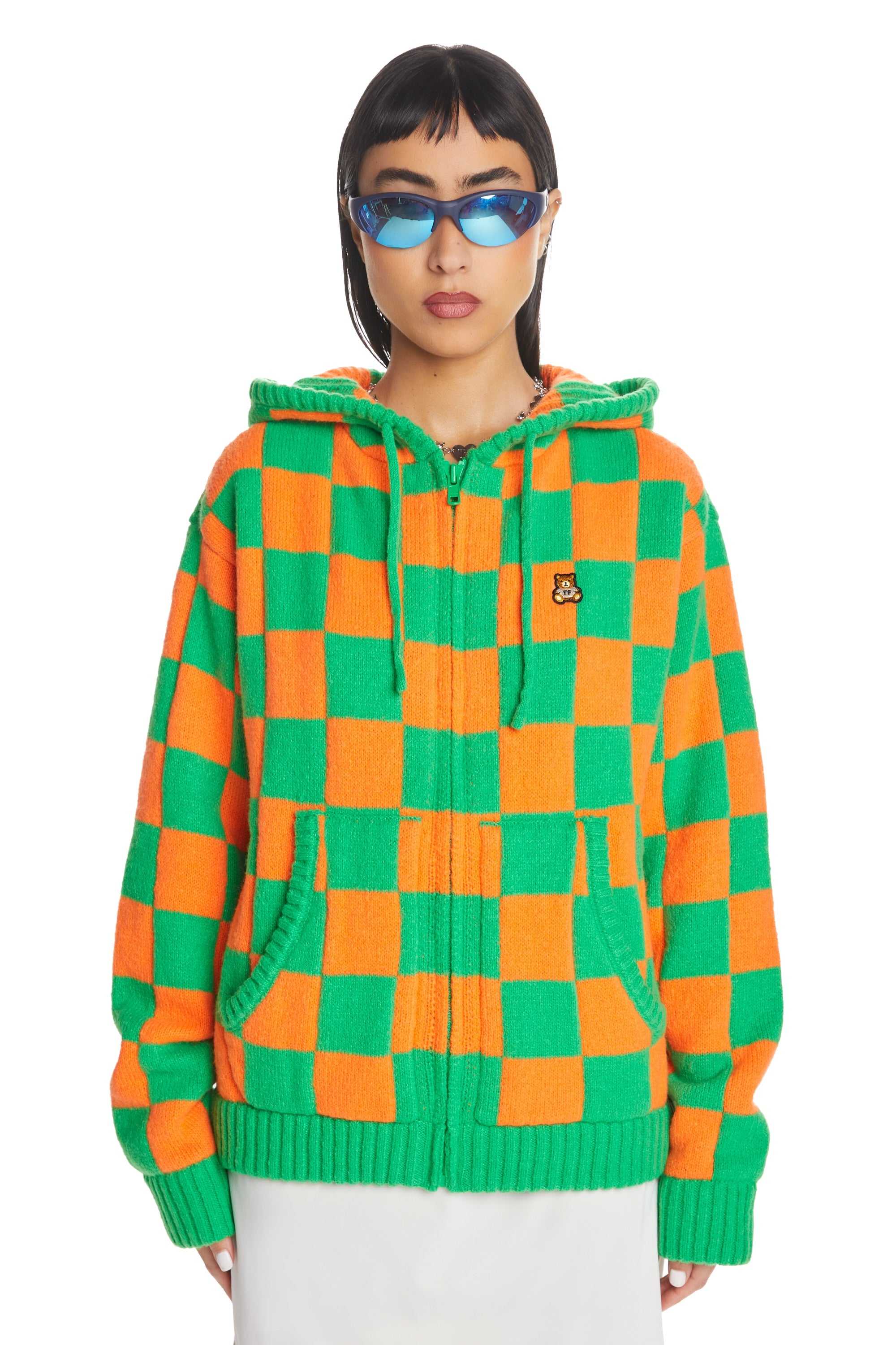 Green/Orange Teddy Fresh Check Knit Zip Hoodie | ZPGSQO497