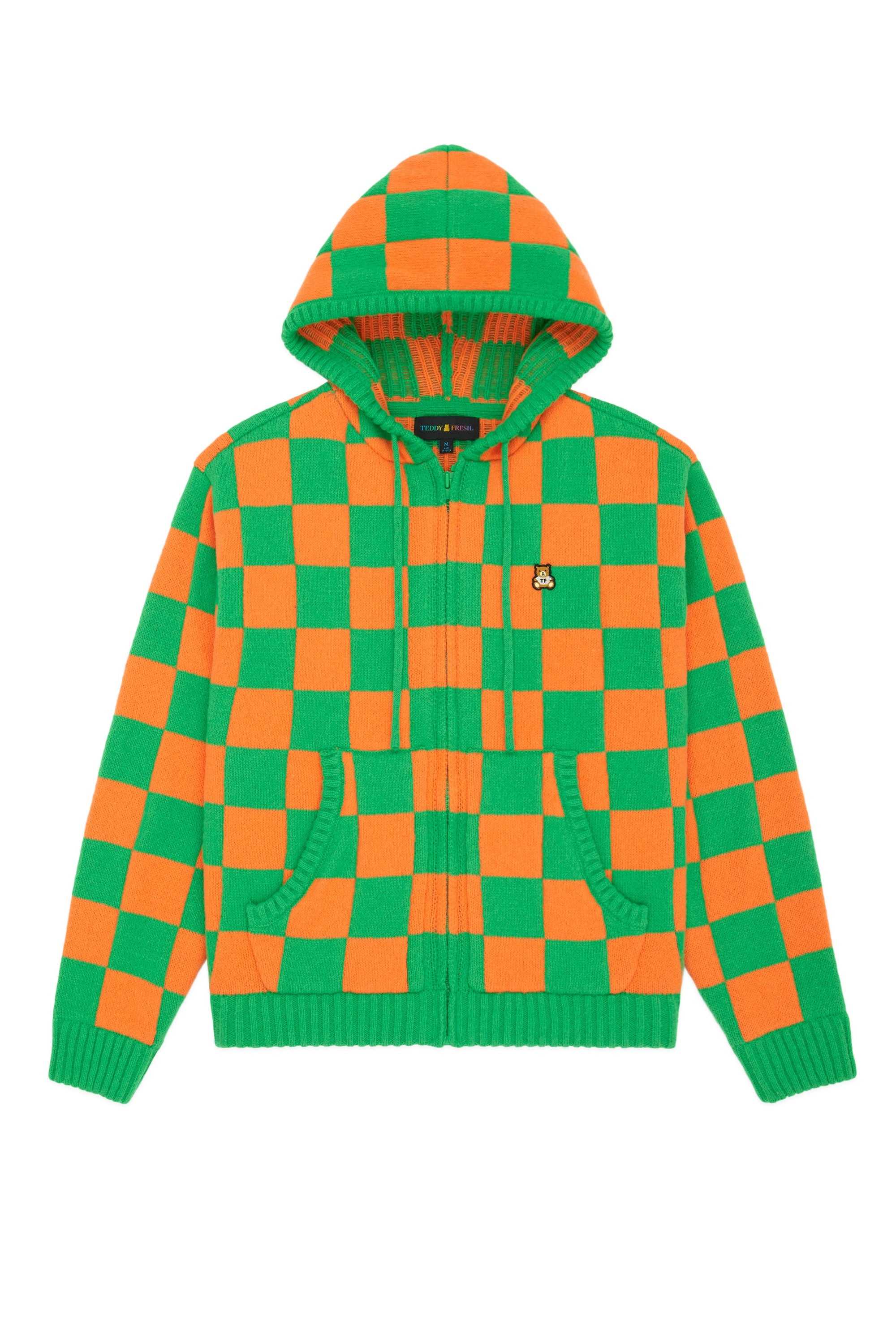 Green/Orange Teddy Fresh Check Knit Zip Hoodie | ZPGSQO497