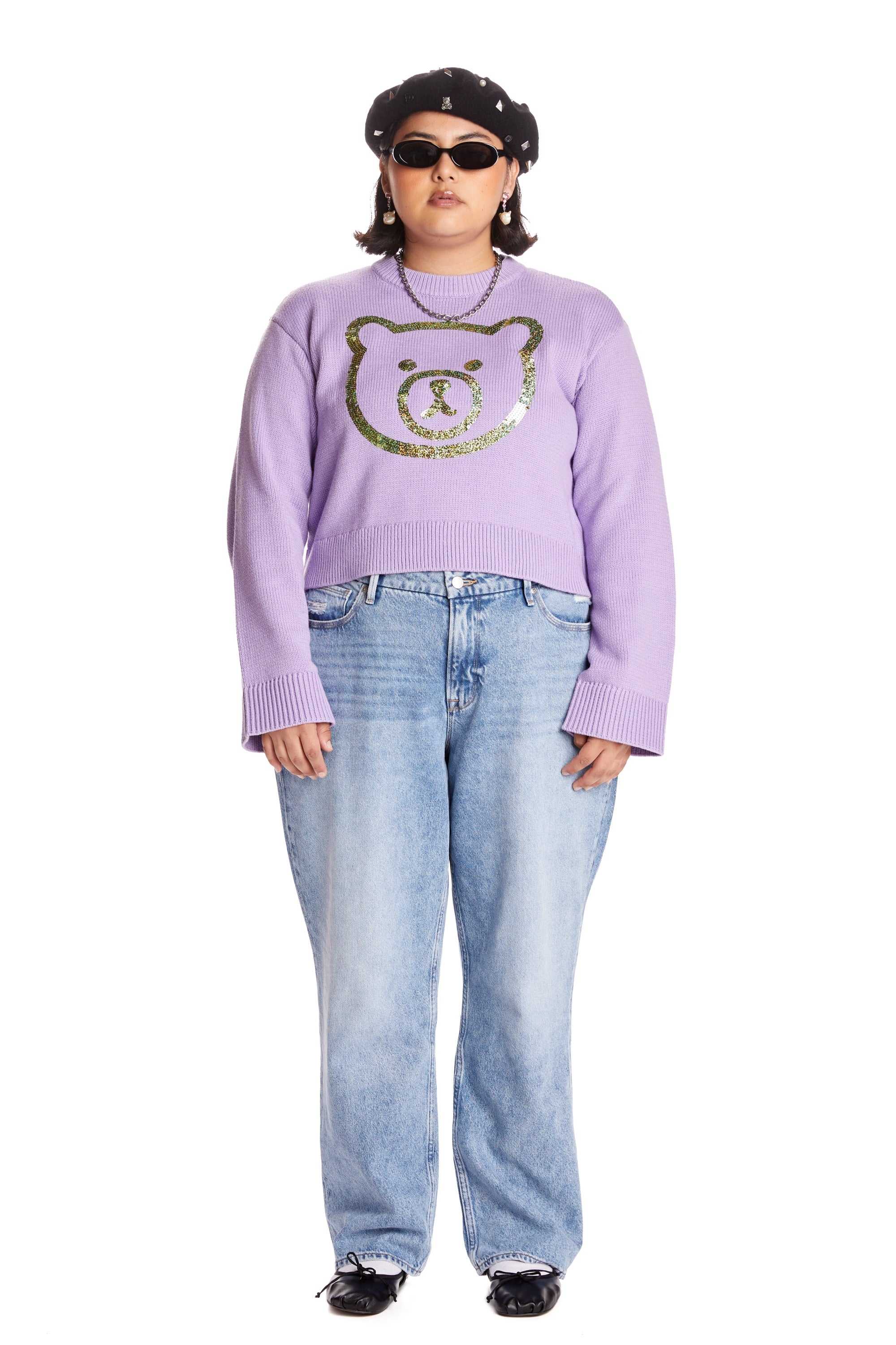 Lavender Teddy Fresh Sequin Bear Sweater | FCNQVM708