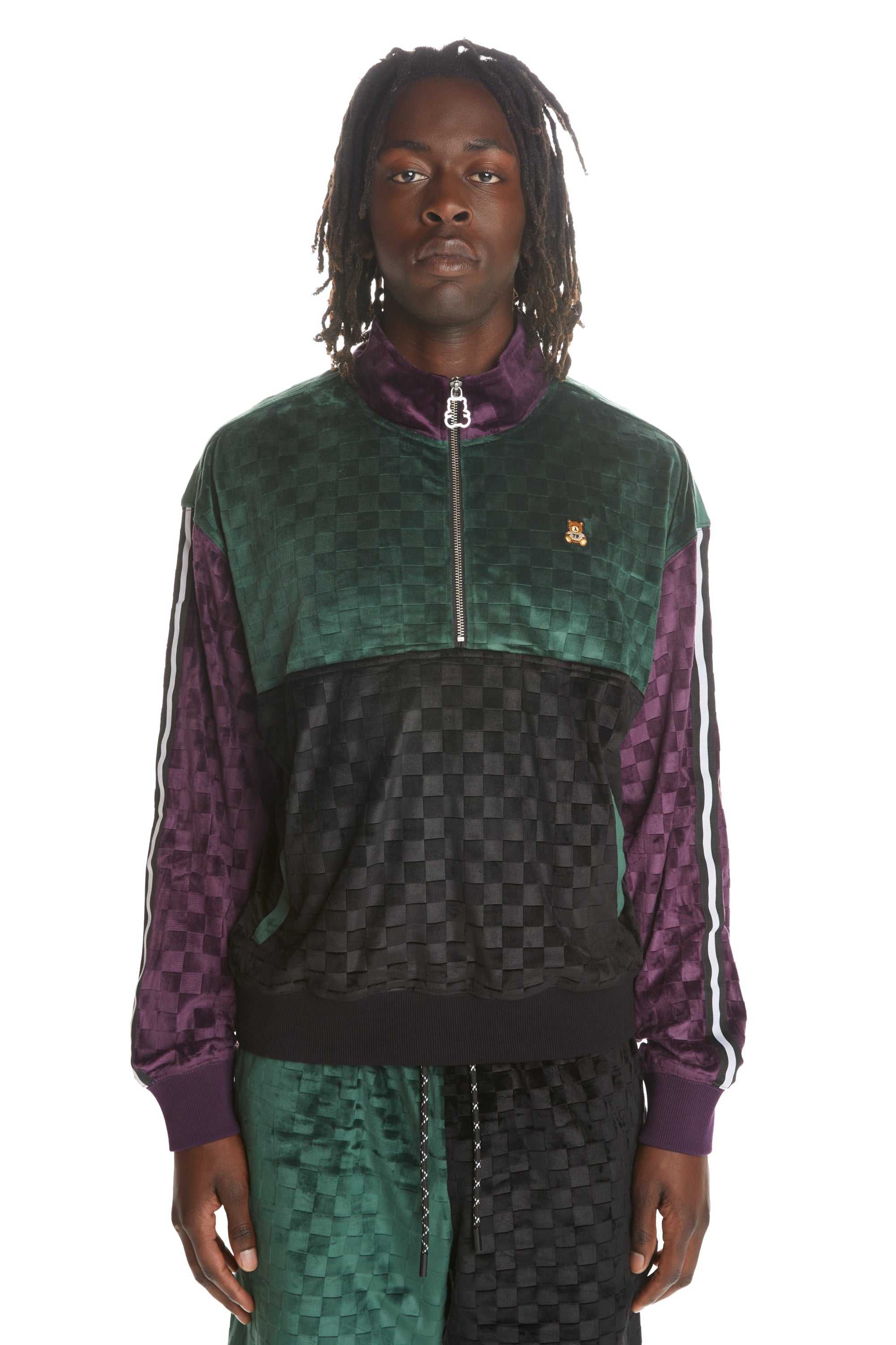 Multi Teddy Fresh Embossed Checker Velour Zip Funnel Neck | SLXWQN815