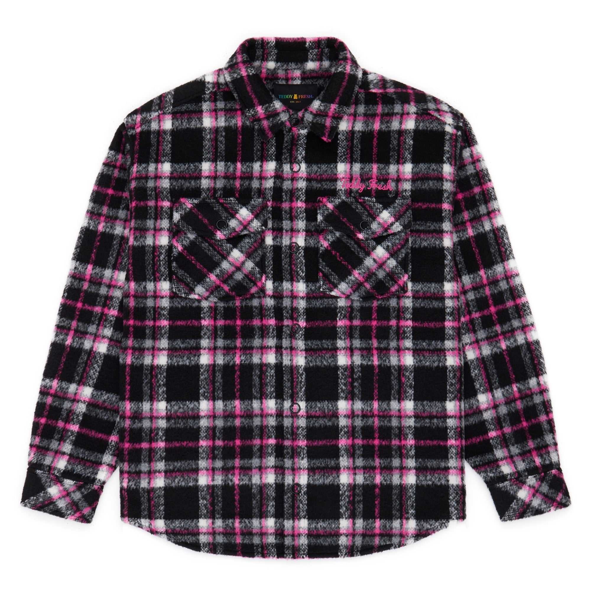 Multi Teddy Fresh Fuzzy Plaid Snap Shacket | NRMTKL402