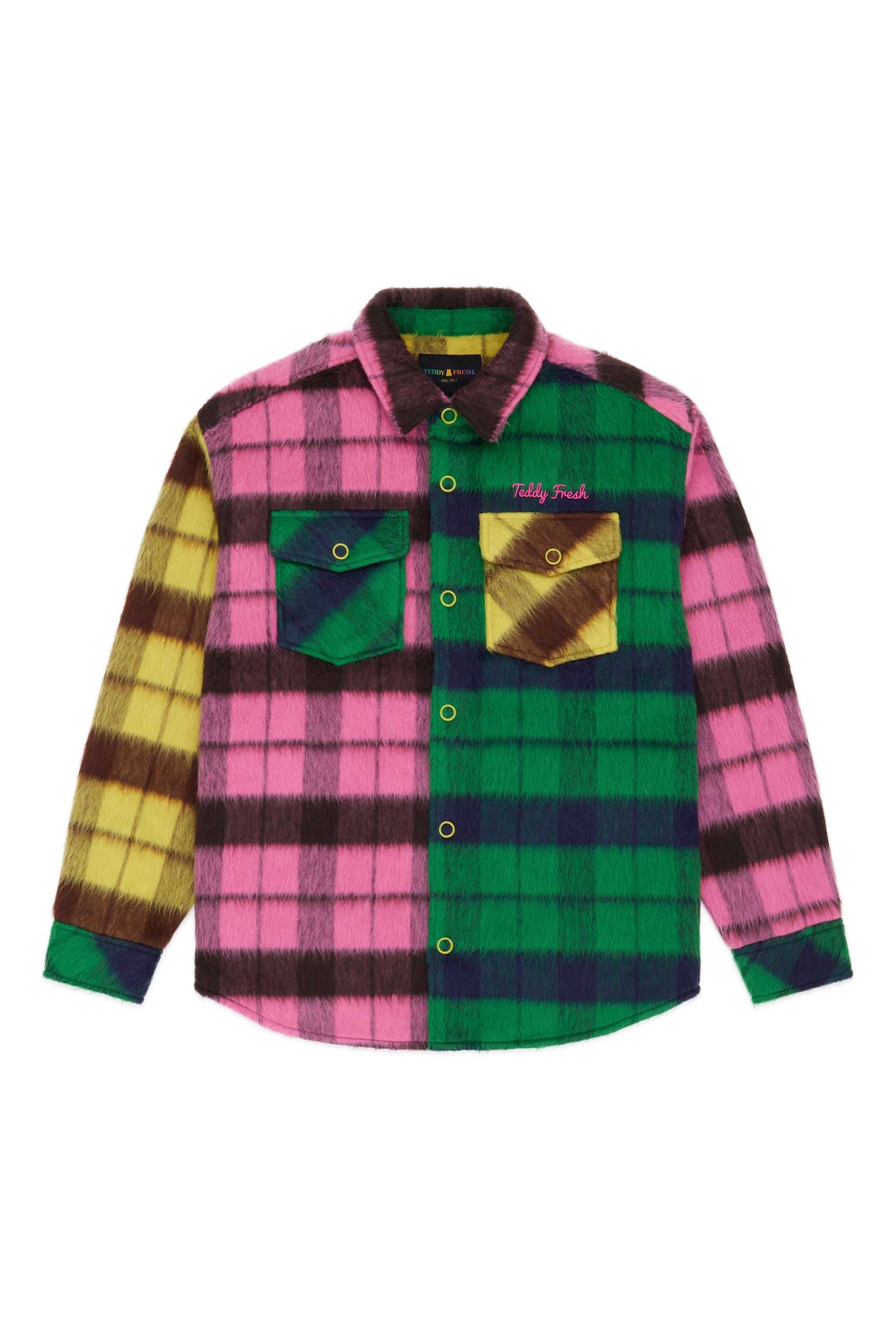 Multi Teddy Fresh Fuzzy Plaid Snap Shacket | NRMTKL402