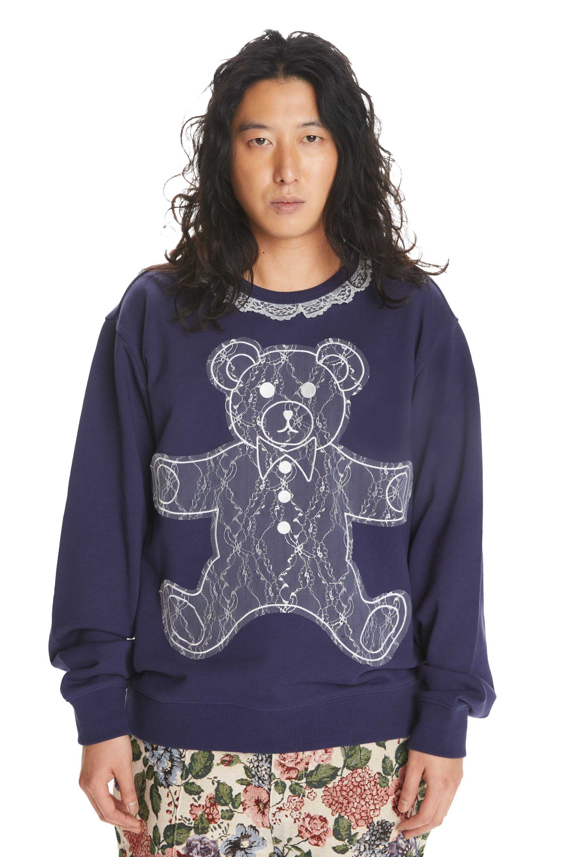 Navy Teddy Fresh Lace Applique Bear Sweatshirt | GFWAOB720