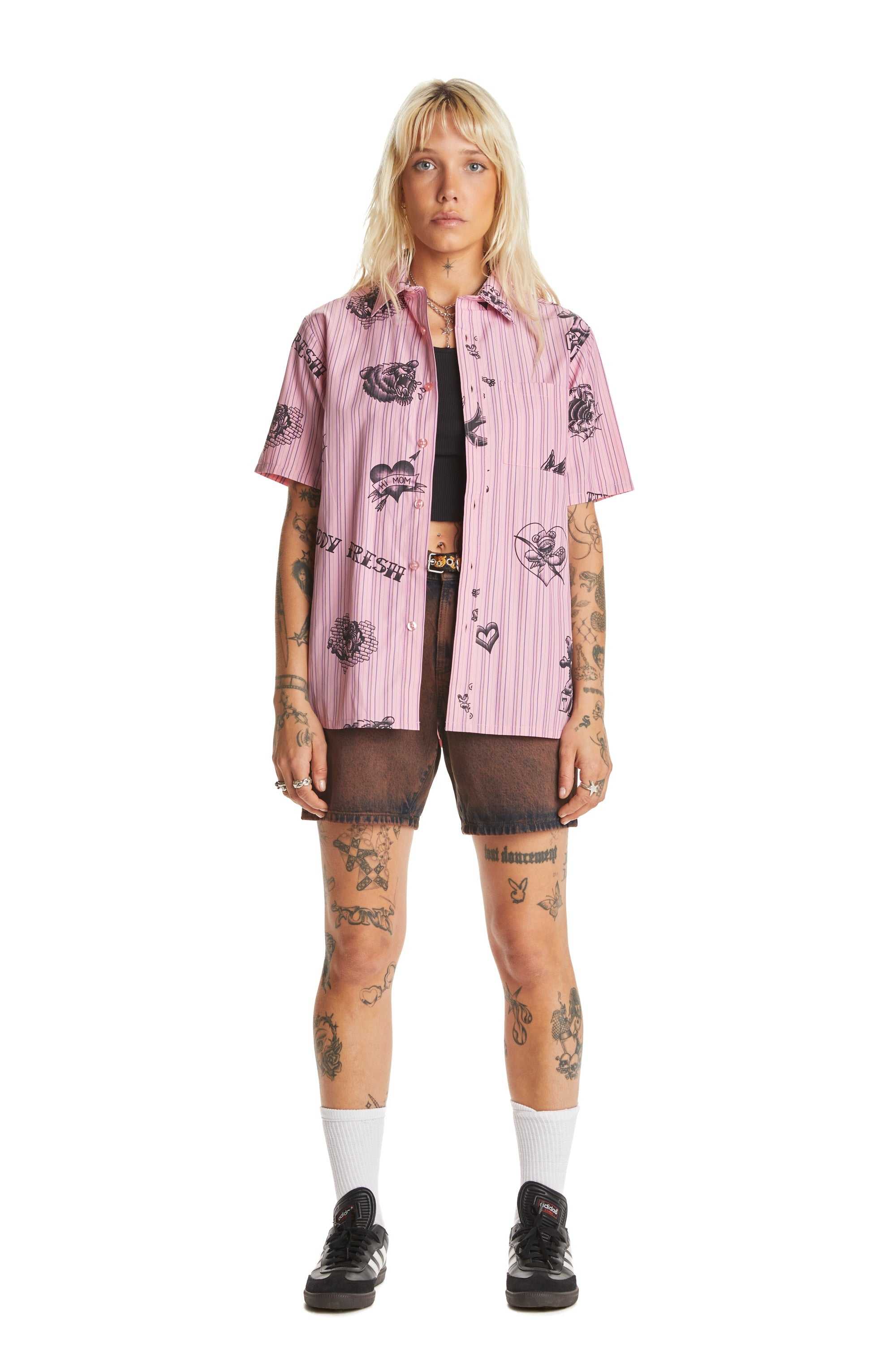 Pink Teddy Fresh Tattoo Button Up Shirt | HDTOLM627