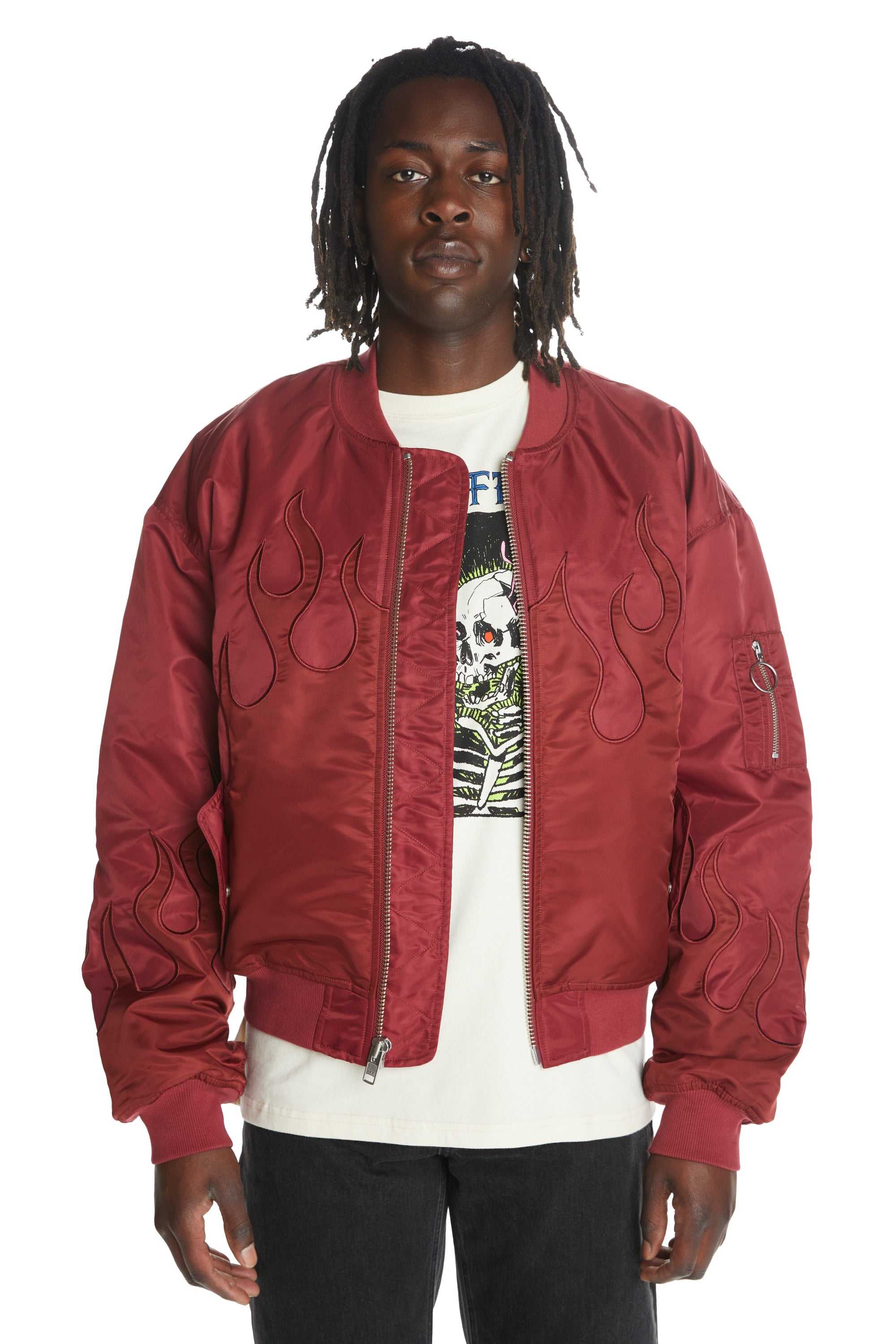 Red Teddy Fresh Zip Flames Bomber Jacket | WILDUO719