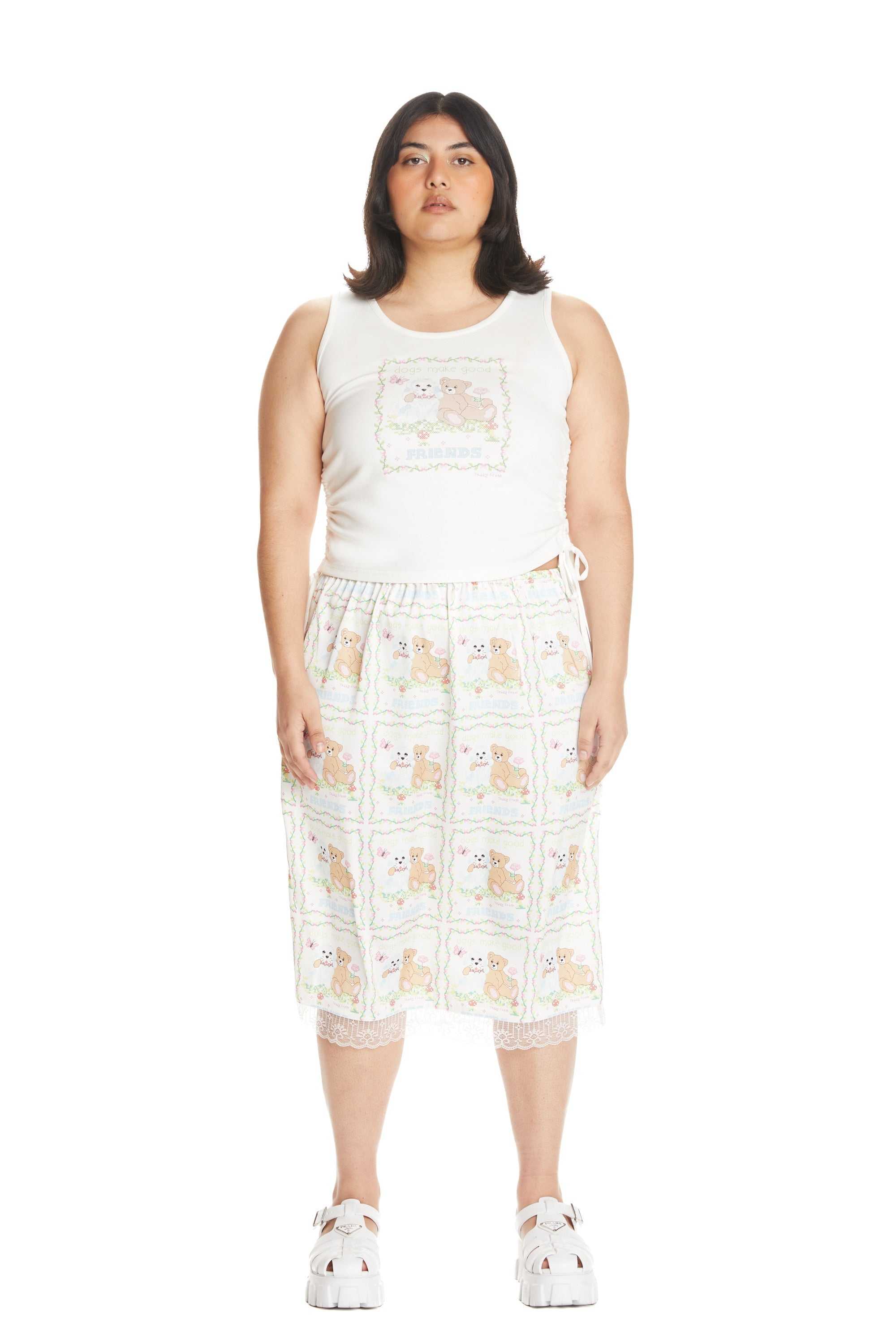 White Multi Teddy Fresh Best Friend Satin Skirt | KXWTPN782