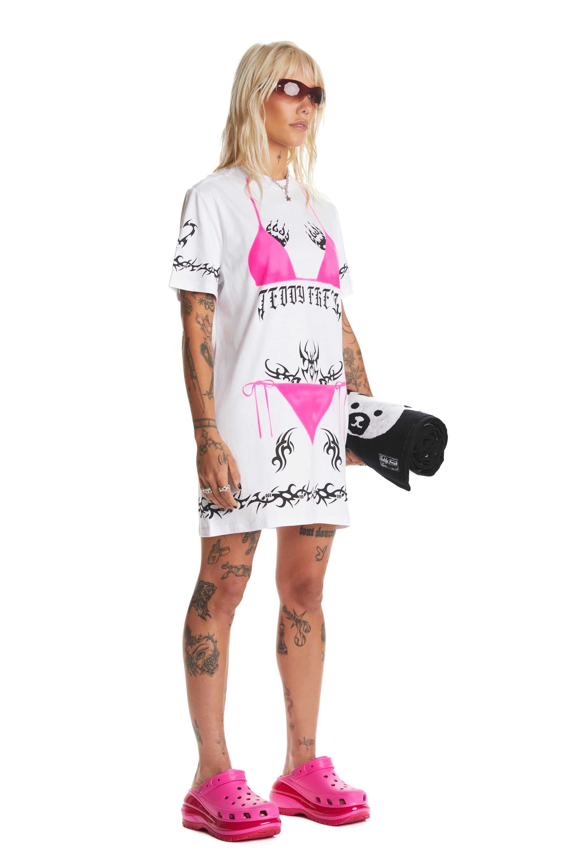 White Teddy Fresh Tattoo T-Shirt Dress | EMBADI924