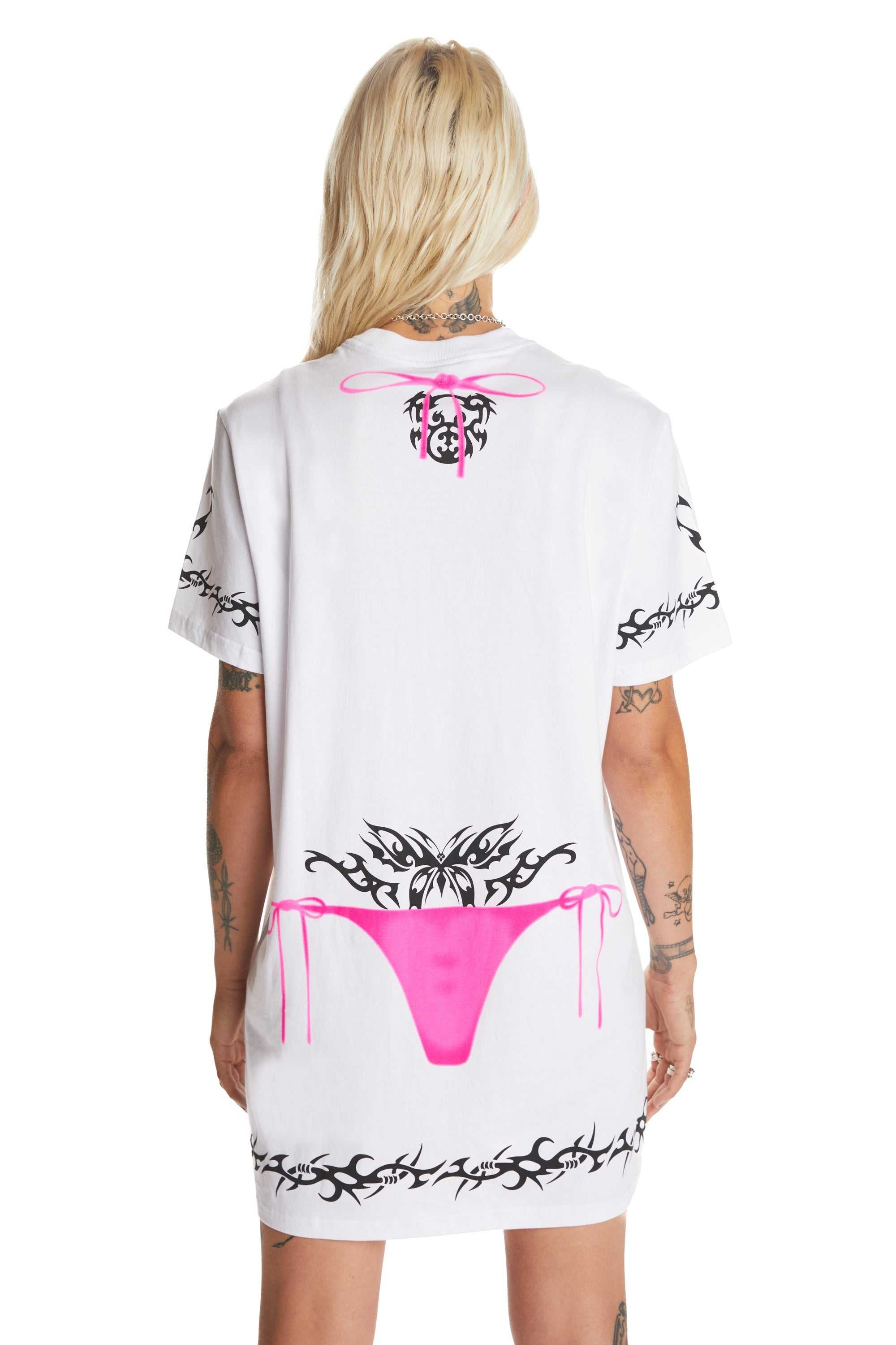 White Teddy Fresh Tattoo T-Shirt Dress | EMBADI924